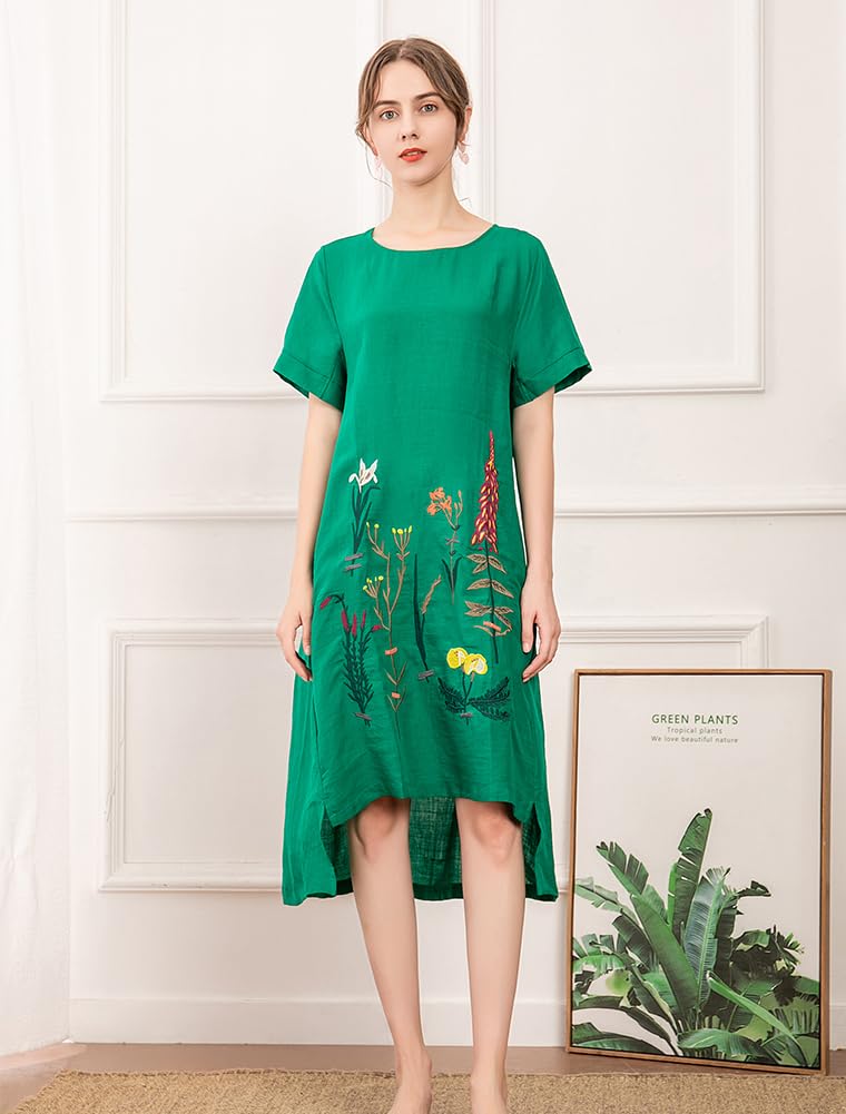 Minibee Women's Embroidered Linen Dress Summer A-Line Sundress Hi Low Tunic Clothing Green L - Image 3